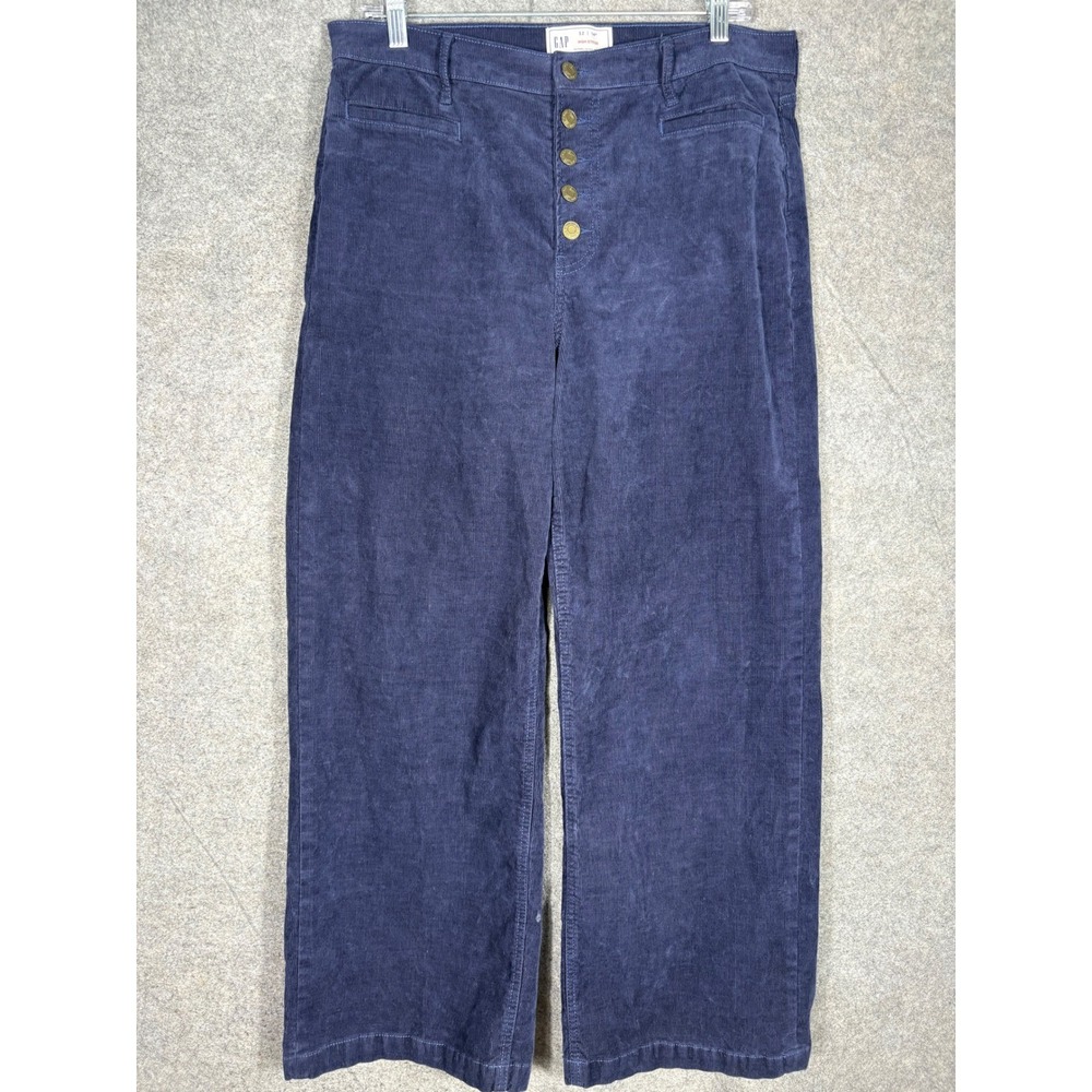 Gap High Stride Corduroy Pants Womens 32 14R Navy Blue Wide Leg Button Fly 7287
